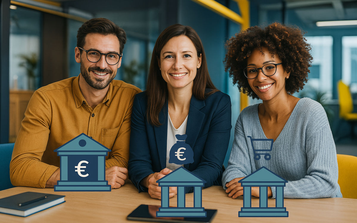 Drei lächelnde Berater:innen an einem Tisch vor Icons für Euro-Kontotypen in Form eines Hauses, eines Bankgebäudes und einer Fabrik.