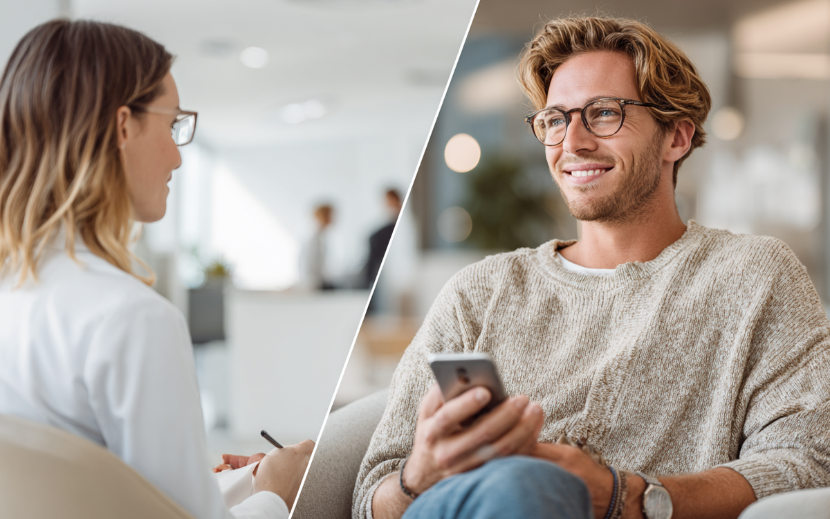 Zwei Personen im Videochat: Frau am Schreibtisch und lächelnder Mann im Sessel mit Smartphone besprechen ihr Girokonto.