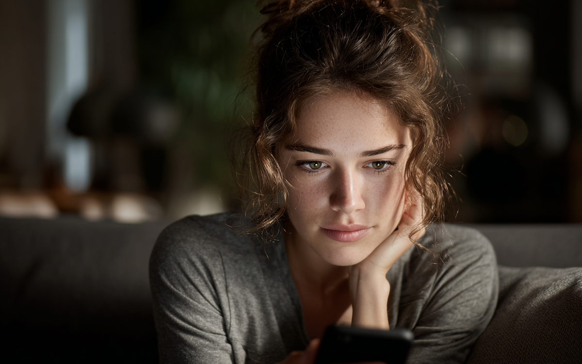Junge Frau sitzt im Wohnzimmer und schaut nachdenklich auf ihr Smartphone beim Online-Banking.