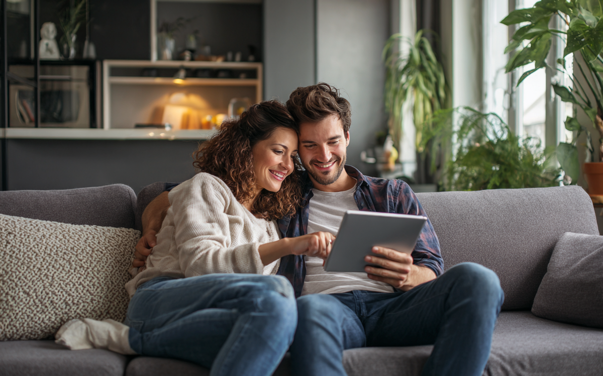 Paar sitzt entspannt auf dem Sofa und sieht gemeinsam lächelnd auf ein Tablet, während es sein Gemeinschaftskonto plant
